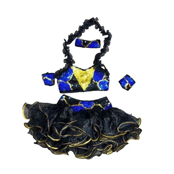 Black Gold Dance Cheer Pageant Costume Sequins Girls Medium CM 6pc Halter Tutu - Picture 2 of 14